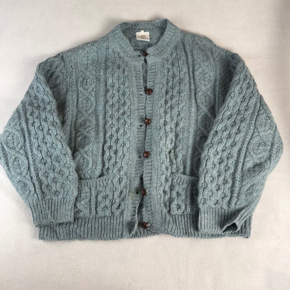 Bonner of Ireland Womens Large Blue Pure New Wool Cable Knit Cardigan Sweater